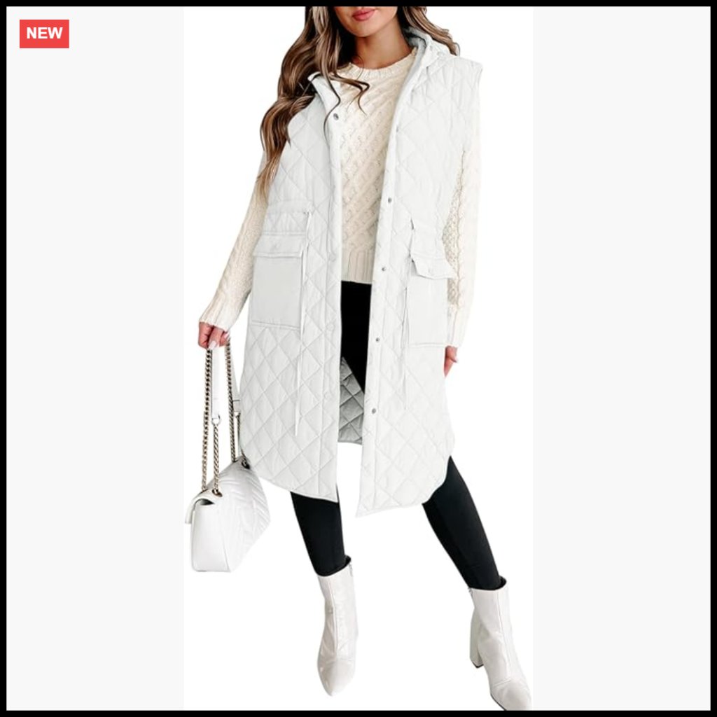 Long Puffer Vest Sleeveless Hood Quilted Winter Outerwear Classic Elegant